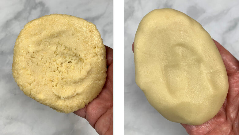 Coarse almond paste (on the left) vs find almond paste (one the right).
