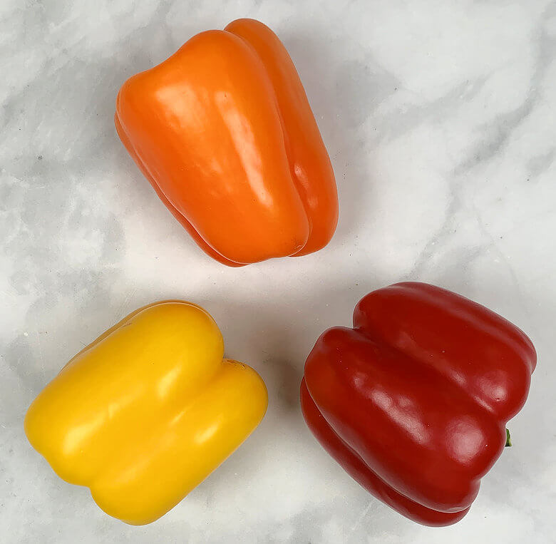 3 bell peppers, orange, yellow and red