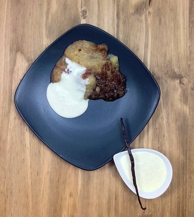 Picture of plated Baked Apple Dessert with Cold Vanilla Sauce