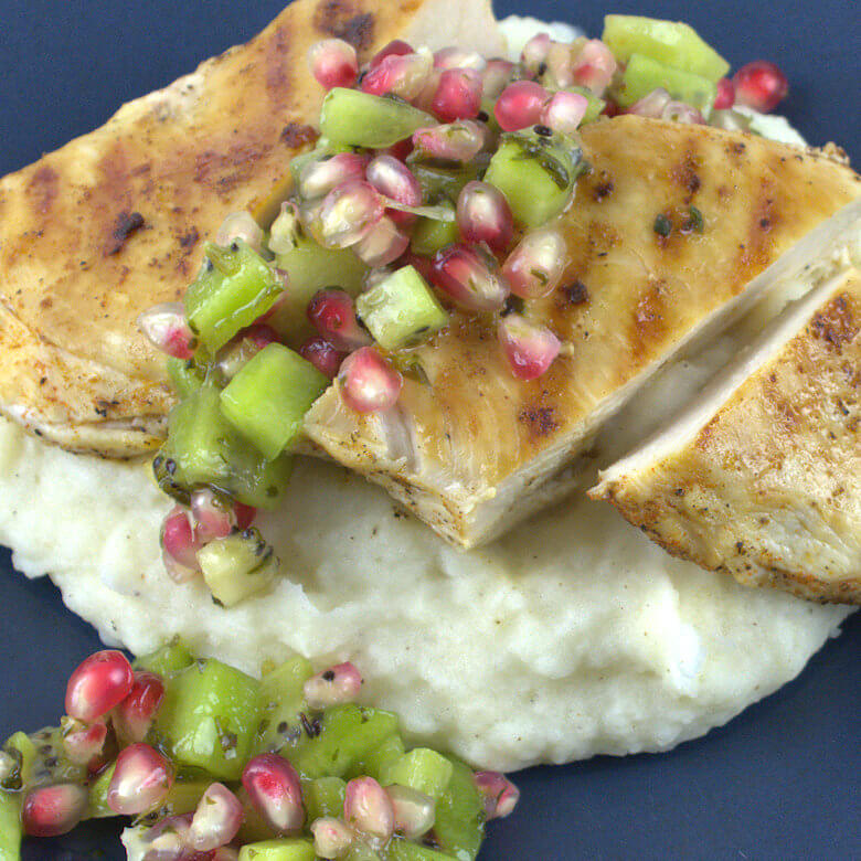 Close up of Chicken with Kiwi Pomegranate Salsa