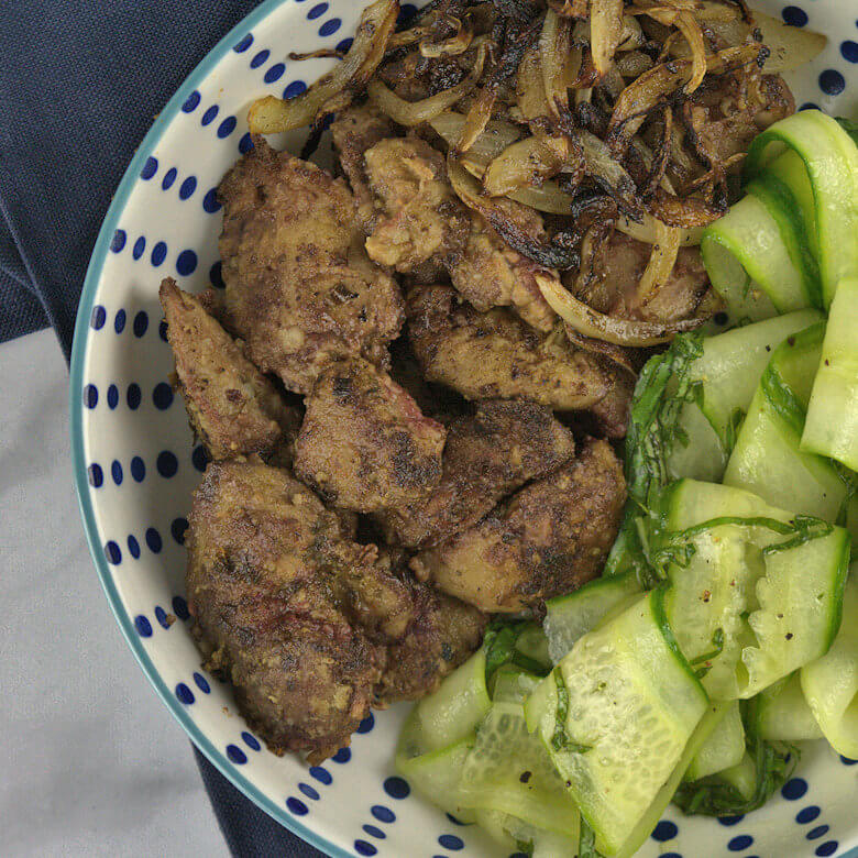 Close up picture of Chicken Livers with Cucumber Ribbons