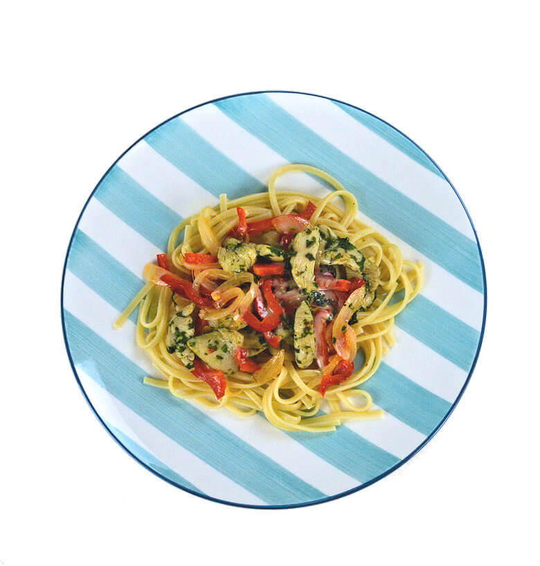 Picture of Creamy Linguine with Cilantro Chicken on blue and white striped plate