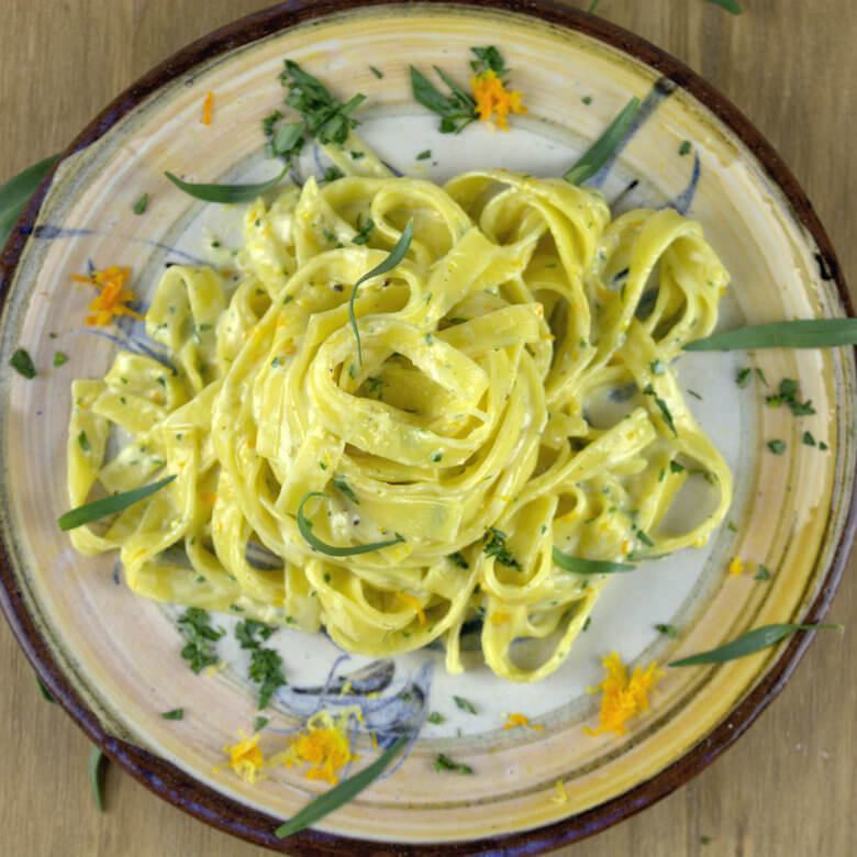 Close up of Creamy Pasta with Citrus and Tarragon