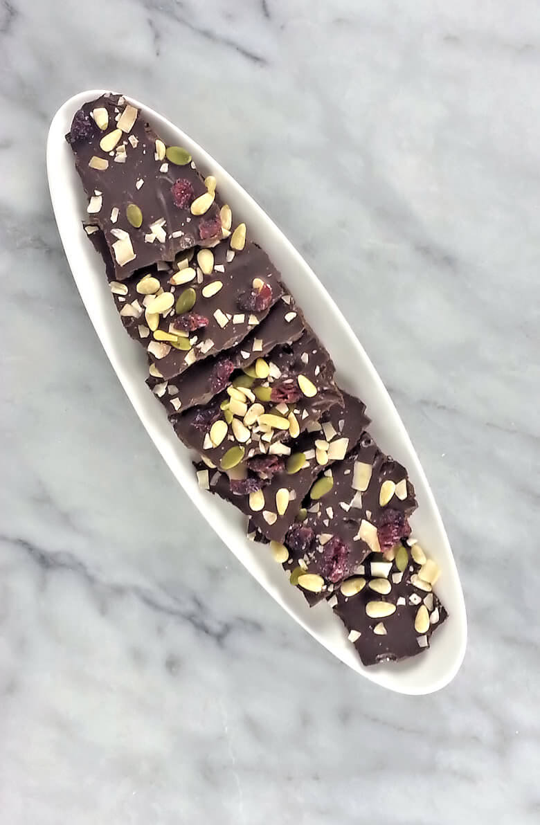 Picture of Dark Chocolate Bark with Colorful Toppings on white dish