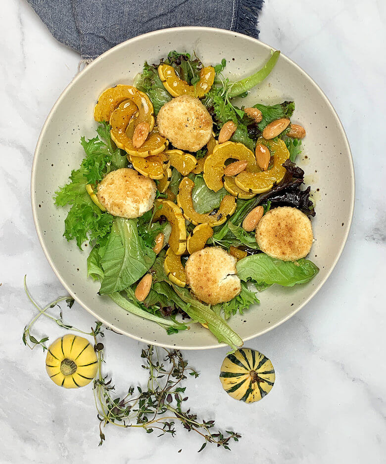 Bowl with Delicate Squash Salad with Roasted Goat Cheese