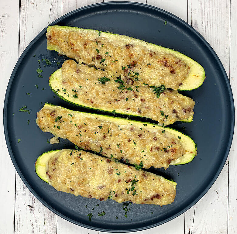 Egg-free Zucchini Carbonara on plate