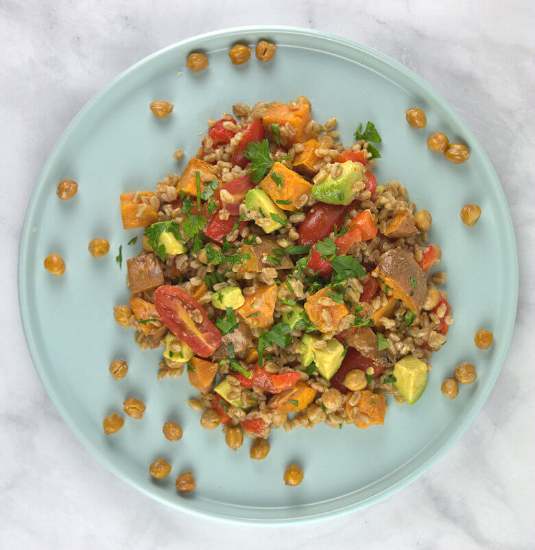 Picture Farro with roasted potato, pepper & chickpeas on plate