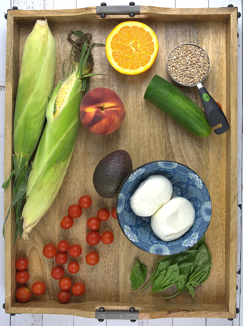 Ingredients for Farro Corn Salad with Peach & Burrata 