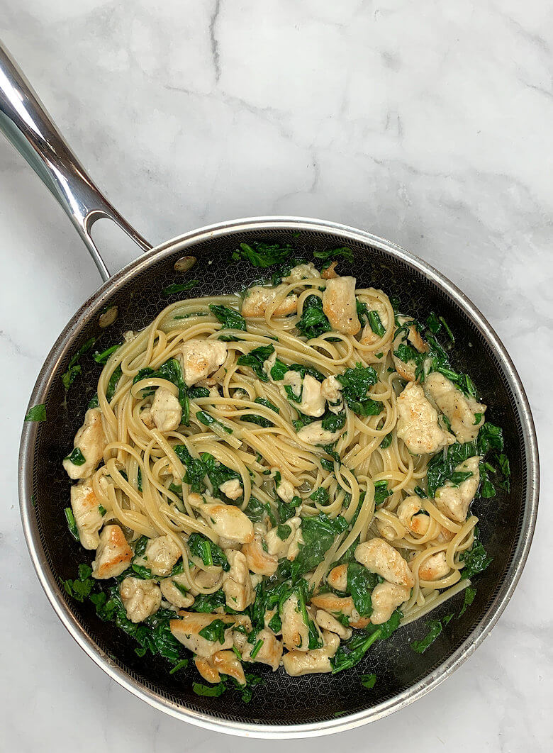 Skillet with chicken Florentine pasta.