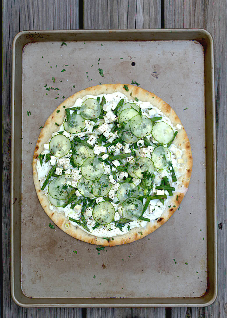 Top down picture of entire Green Garden Pizza with Ricotta and Tofu