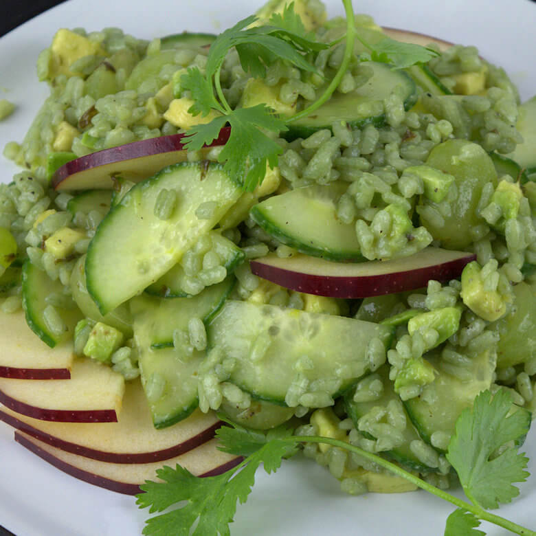 Close up picture of Green Rice Salad with Avocado Grapes and Cucumber
