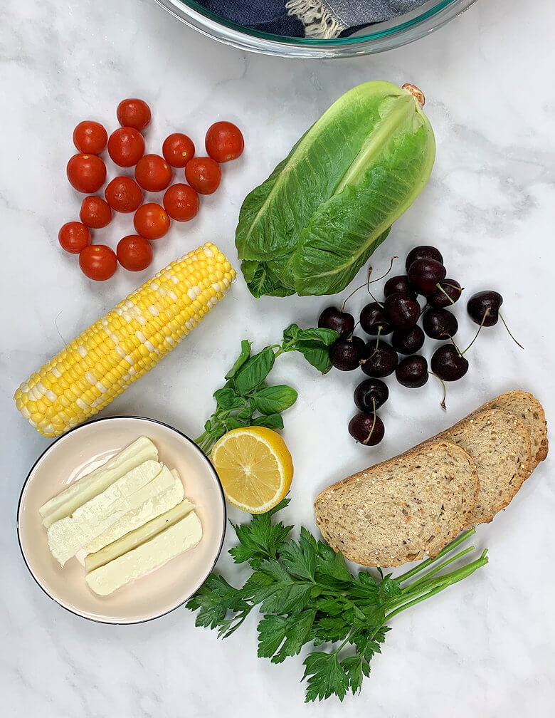 Ingredients Cherry and Romaine Salad with Halloumi