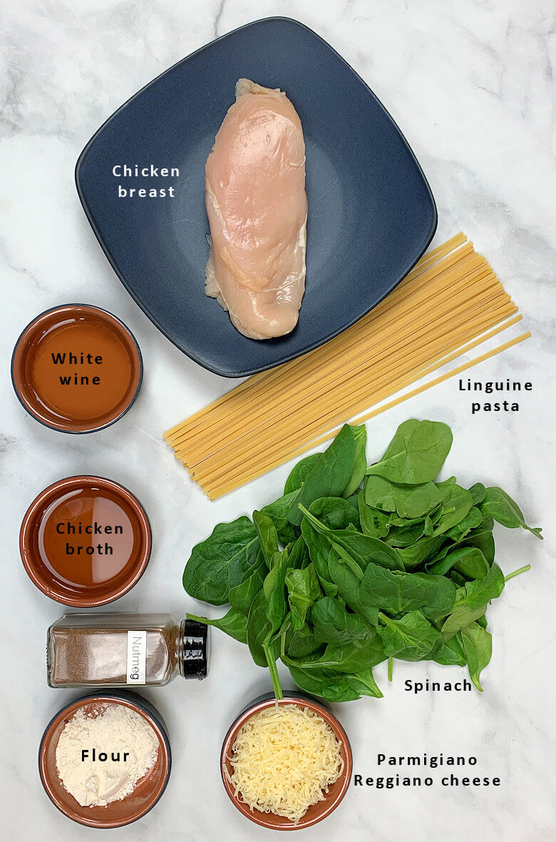 Ingredients of chicken Florentine pasta