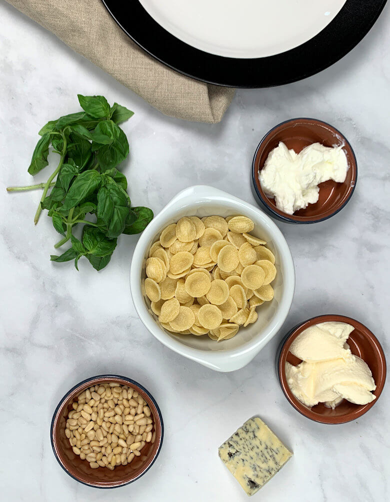 Ingredients Orecchiette with Creamy Basil Blue Cheese Sauce