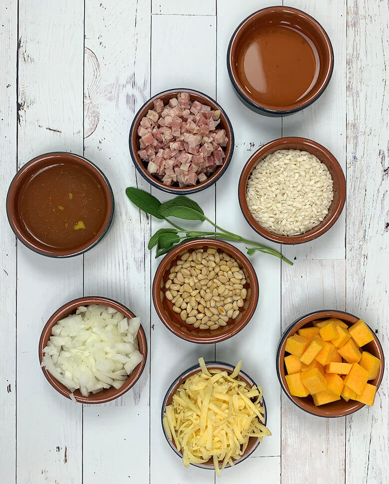 Small bowls representing the different ingredient of Risotto with Butternut Squash 