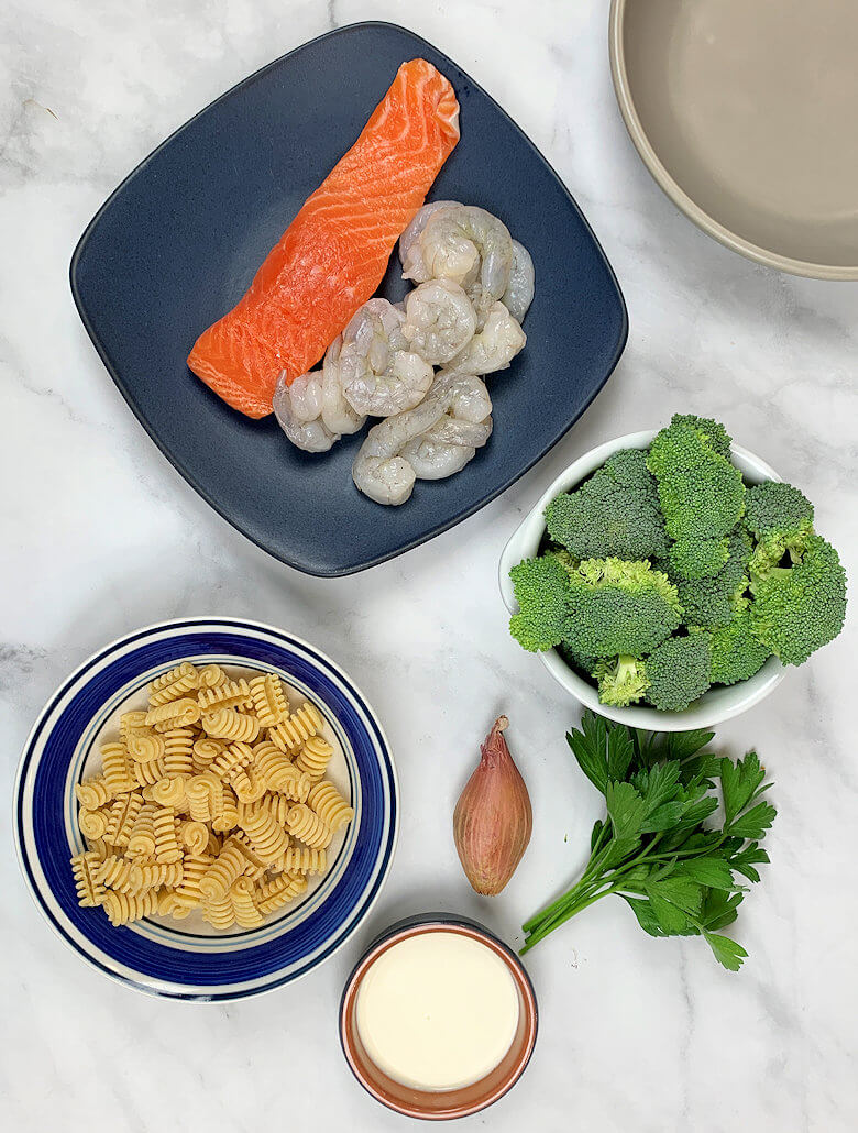 Ingredients of Salmon and Shrimp Pasta