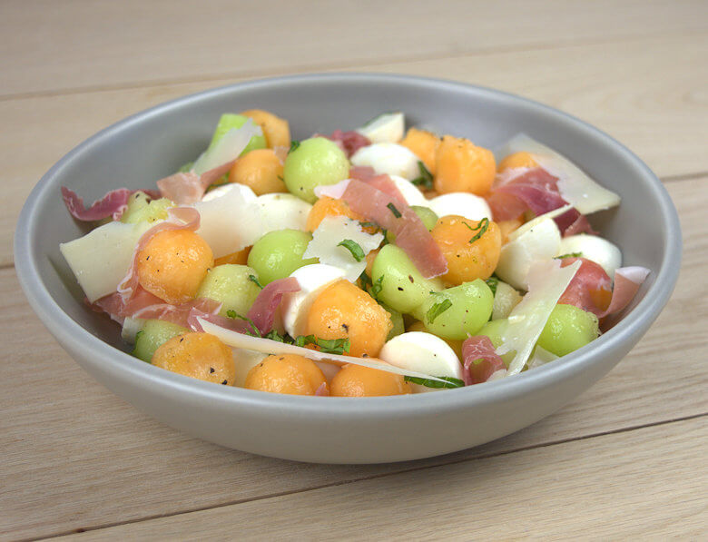 Picture of Melon Cantaloupe Prosciutto Salad in grey dish