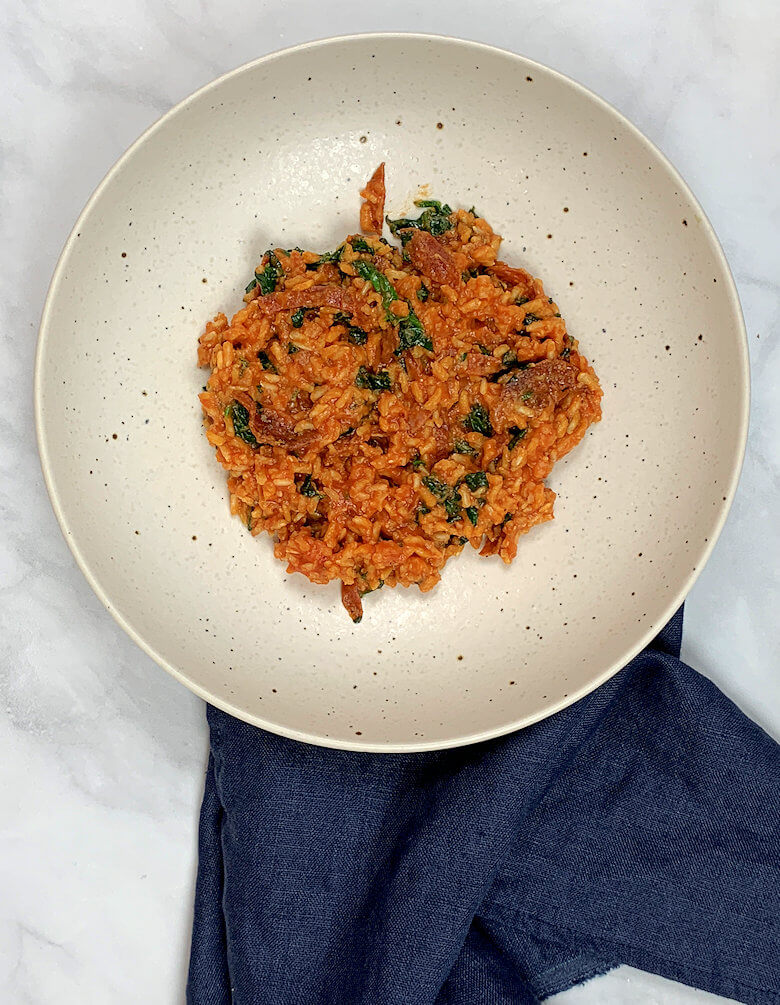 Dish with Mexican Brown Rice with Chorizo & Spinach