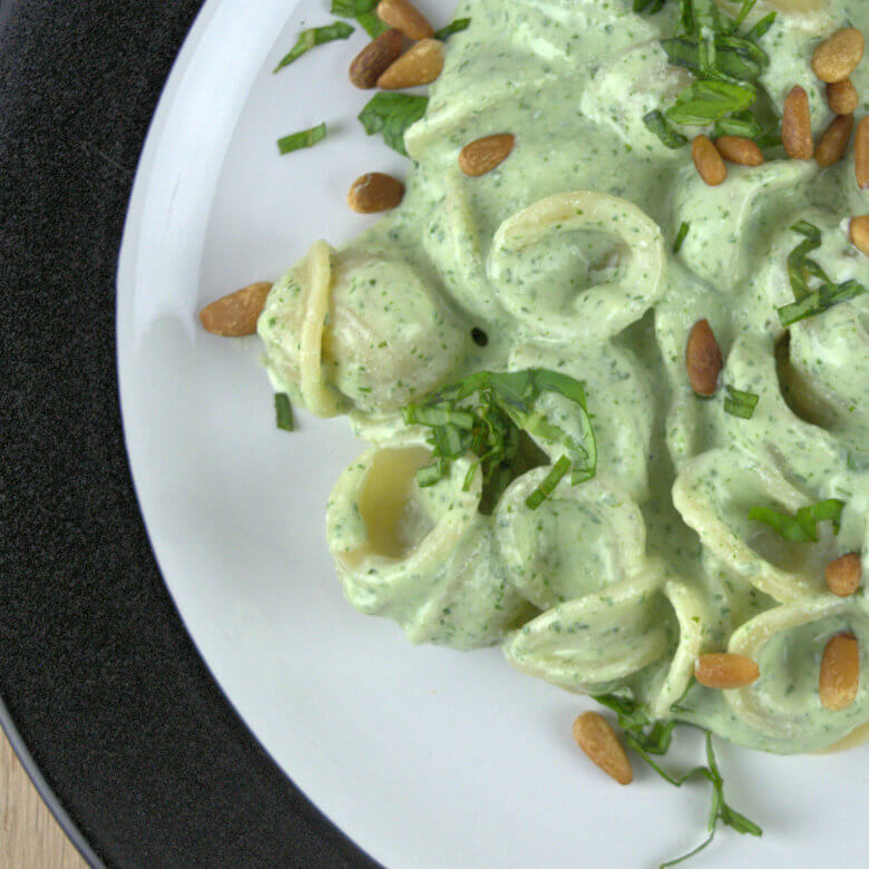 Close up picture of Orecchiette with Creamy Basil Blue Cheese Sauce