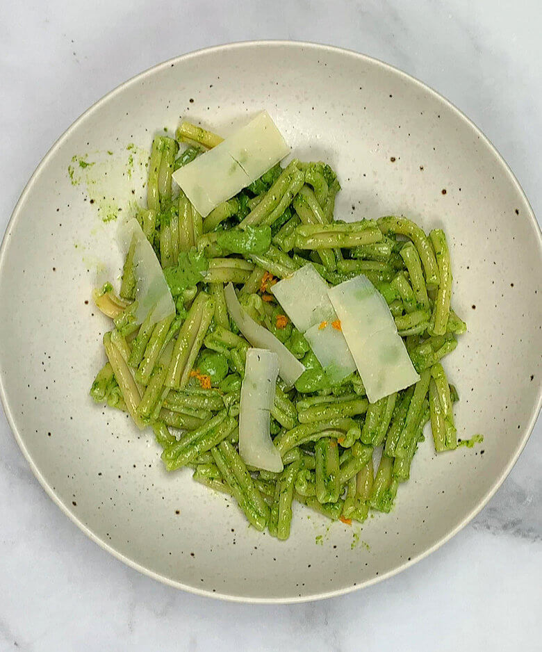 Plate with Pasta with Orange Pistachio Pesto