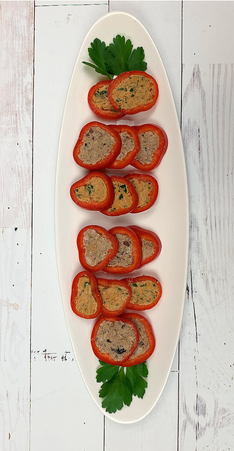 Oval white dish with Pâté Stuffed Pepper Slices