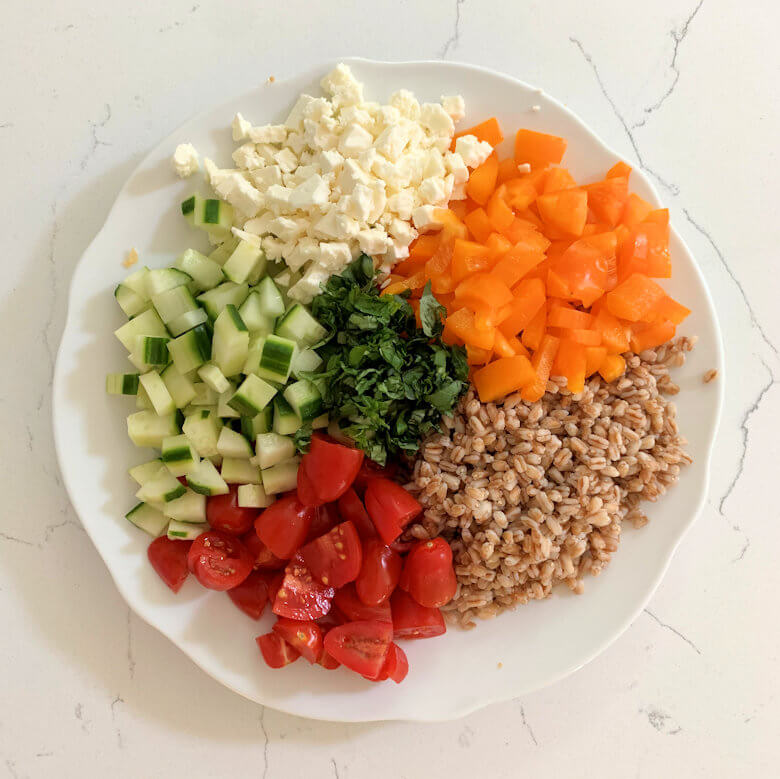 ingredients rainbow farro salad
