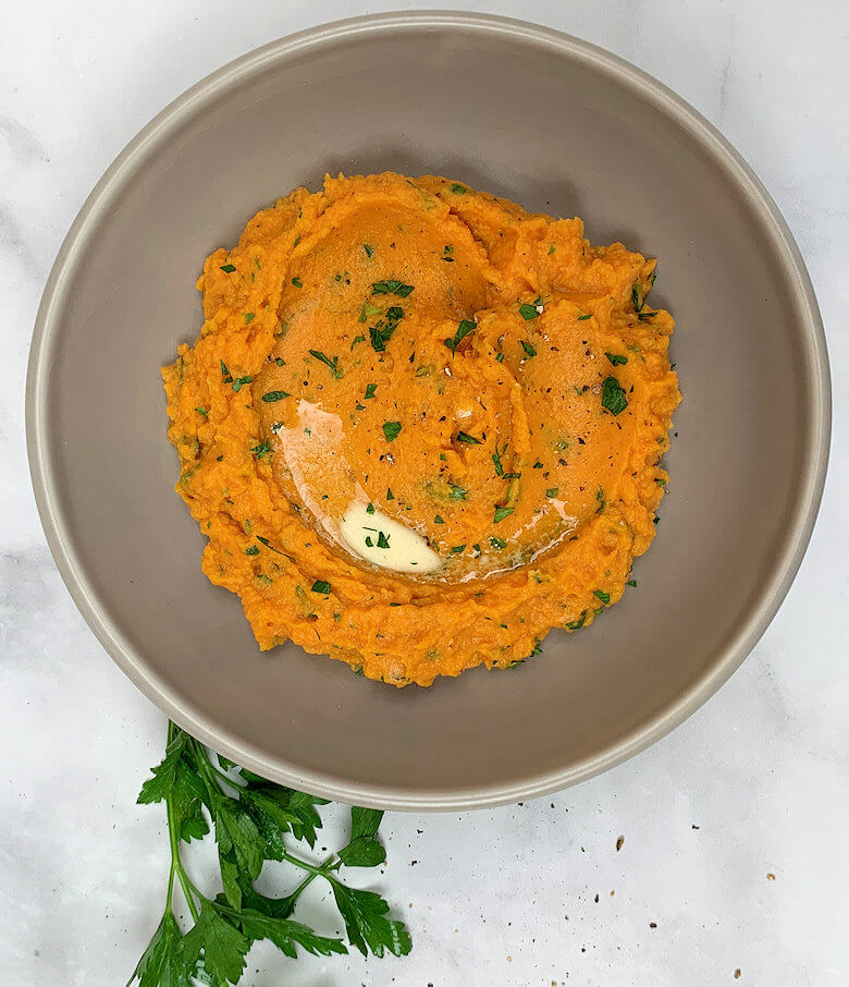 Savory Mashed Sweet Potatoes        with dollop of butter and parsley