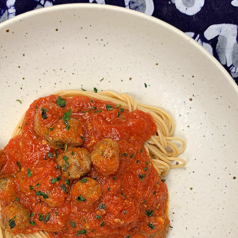 Spaghetti and Mini Meatballs in bowl