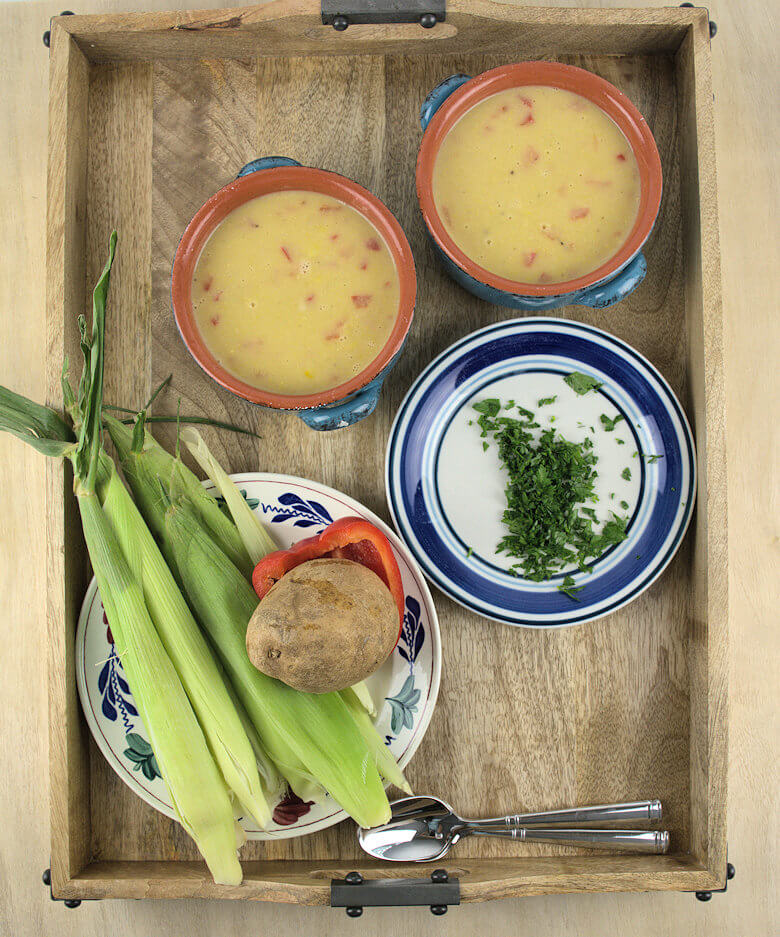 Ingredients and bowls of Sweet Summer Corn Soup