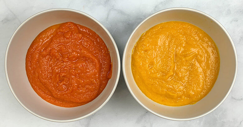 Bowl with red tomato sauce and one with yellow tomato sauce.