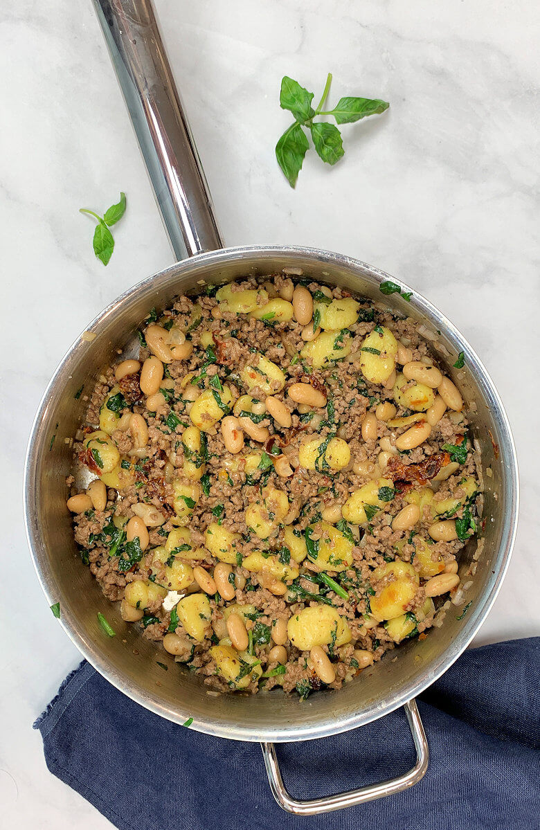 Large skillet with White Bean & Beef Gnocchi